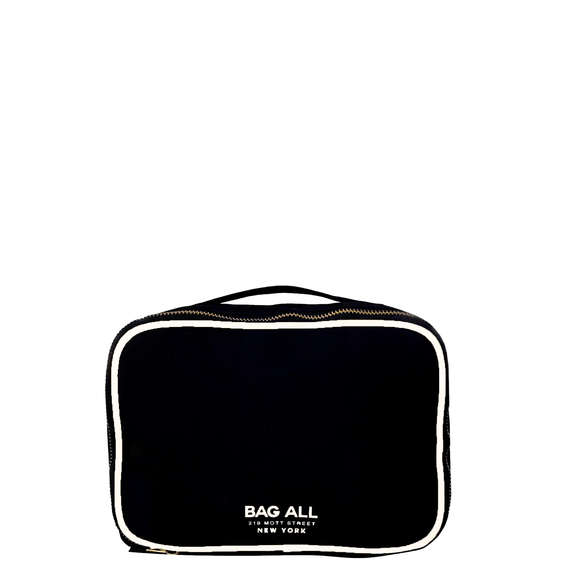 Bag-all Double Sided Toiletry Case in Black with white trim and dual compartments, featuring waterproof lining and carry handle - perfect for travel organization