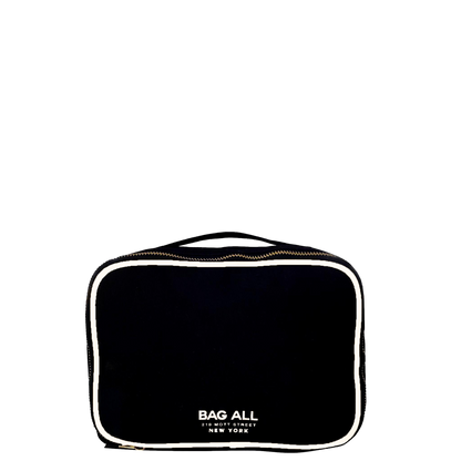 Bag-all Double Sided Toiletry Case in Black with white trim and dual compartments, featuring waterproof lining and carry handle - perfect for travel organization