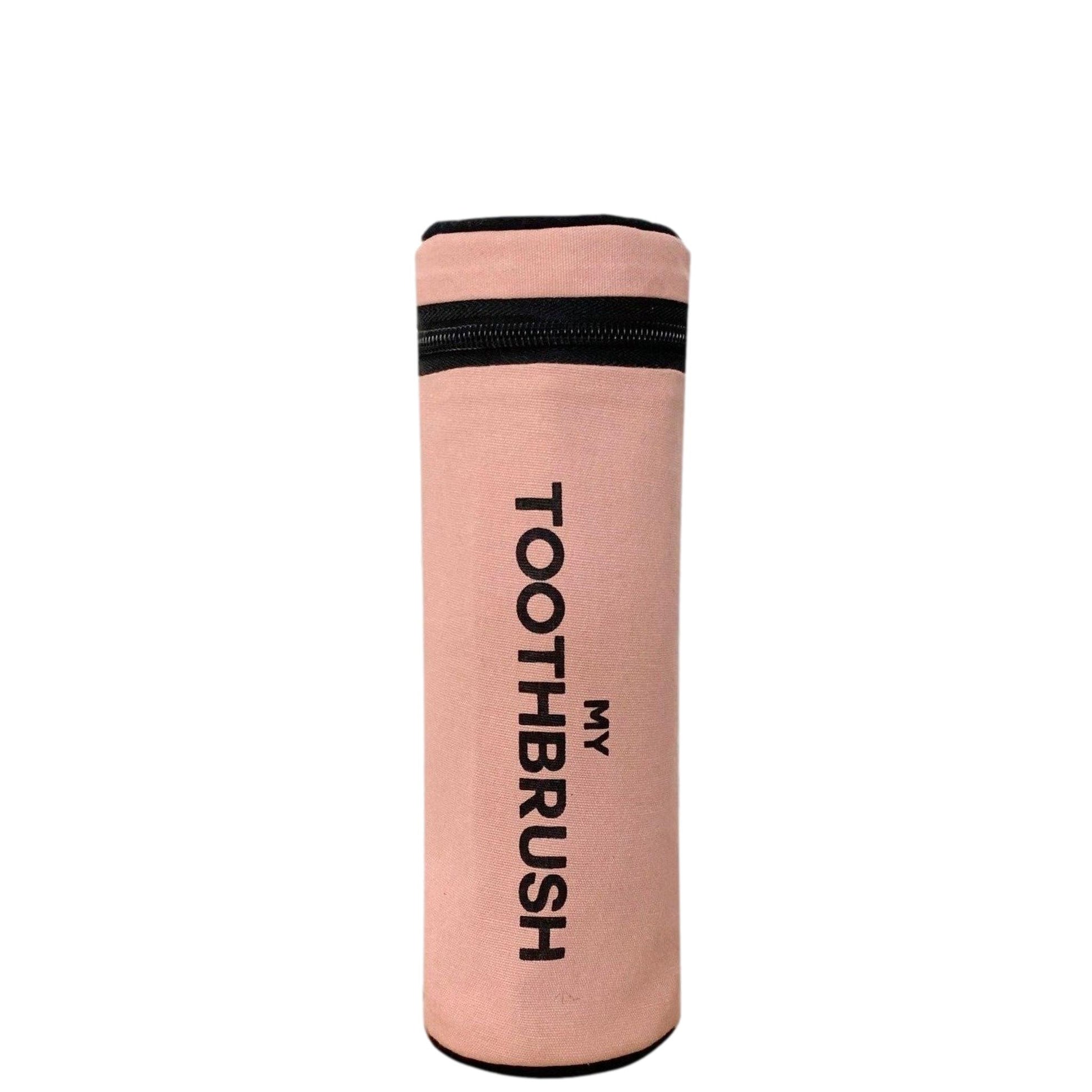 Bag-all Pink Toothbrush Travel Case - Cylindrical cotton organizer with black zipper detail, fits multiple toothbrushes and toothpaste, perfect for travel and bathroom storage