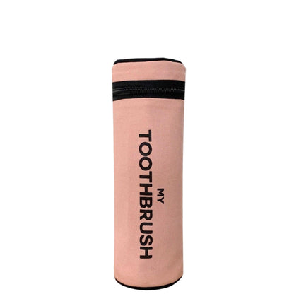 Bag-all Pink Toothbrush Travel Case - Cylindrical cotton organizer with black zipper detail, fits multiple toothbrushes and toothpaste, perfect for travel and bathroom storage
