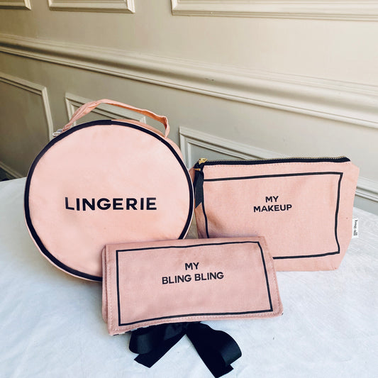 Bag-all Deal Gift Set for Her featuring pink cotton makeup, lingerie, and jewelry cases with navy trim and striped interior lining, perfect for stylish organization