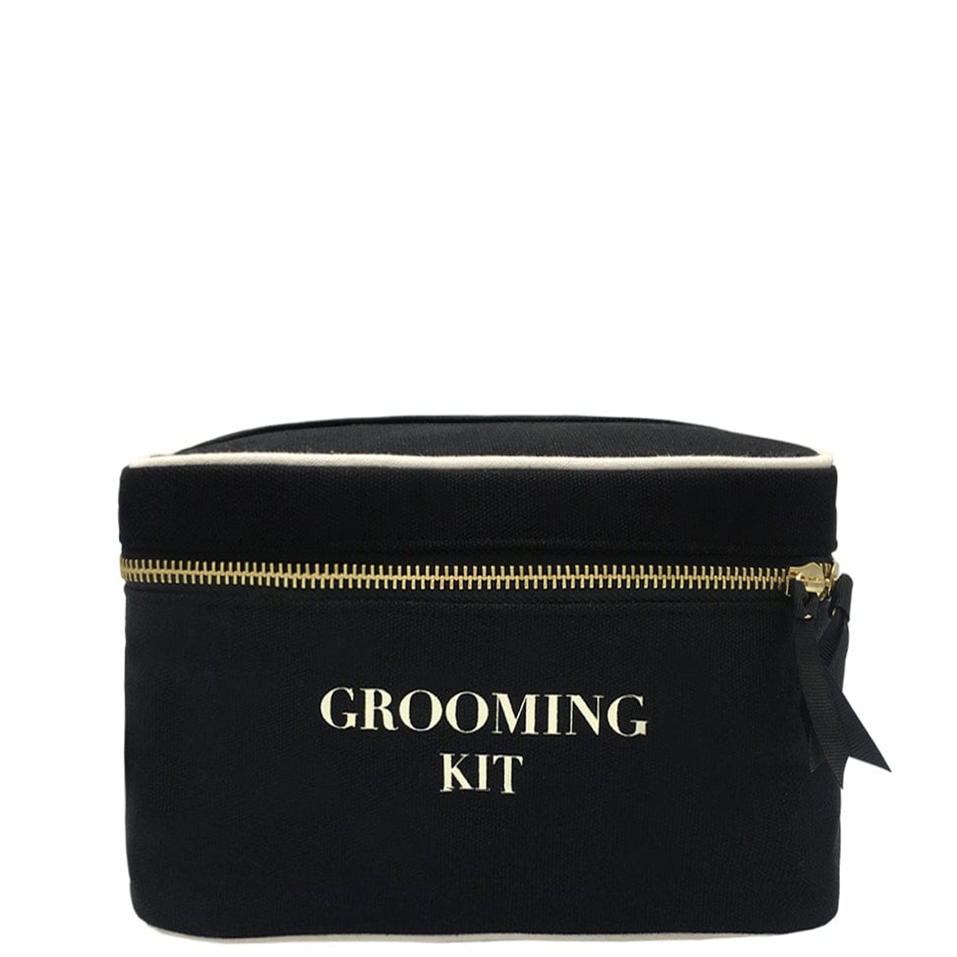 Bag-all Black Grooming Kit Box with gold zipper and white text, stylish cotton travel organizer for personal care essentials and bathroom storage