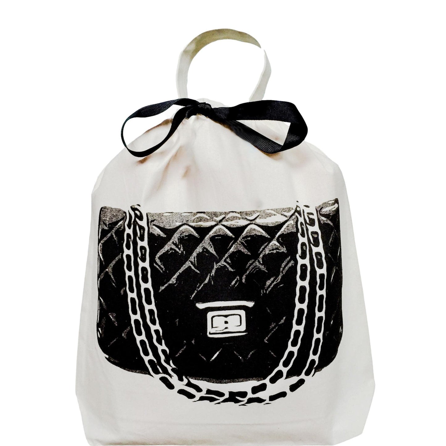 Bag-all Quilted Handbag Travel Bag in Cream featuring black quilted purse illustration with chain strap design and elegant bow closure, perfect for luxury handbag storage and protection