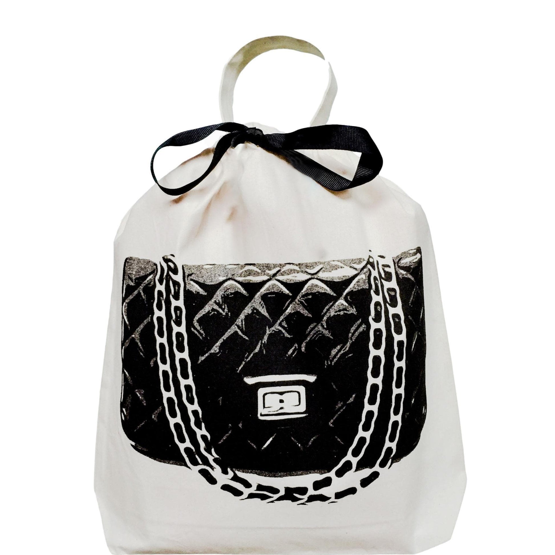 Bag-all Quilted Handbag Travel Bag in Cream featuring black quilted purse illustration with chain strap design and elegant bow closure, perfect for luxury handbag storage and protection