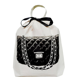 Bag-all Quilted Handbag Travel Bag in Cream featuring black quilted purse illustration with chain strap design and elegant bow closure, perfect for luxury handbag storage and protection