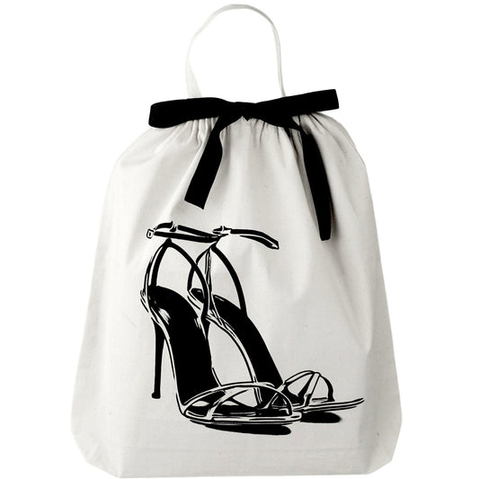 Bag-all cream cotton shoe storage bag with black stiletto heel illustration and bow, perfect for protecting high heels and organizing closets