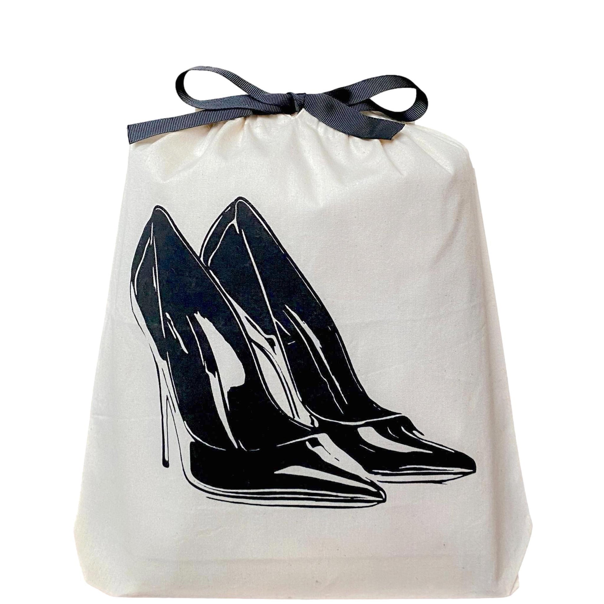 Bag-all High Heel Pumps Shoe Bag in cream cotton canvas featuring black stiletto print and grey ribbon drawstring closure, perfect for shoe storage and travel