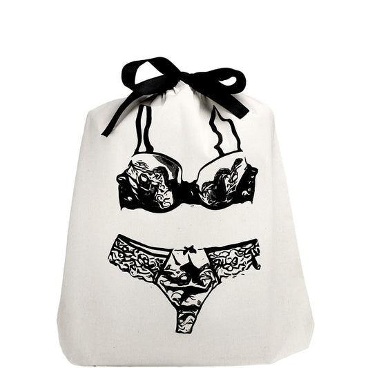 Bag-all Cream Lace Lingerie Travel Bag featuring black lingerie silhouette print with bow closure, perfect for elegant travel organization and storage