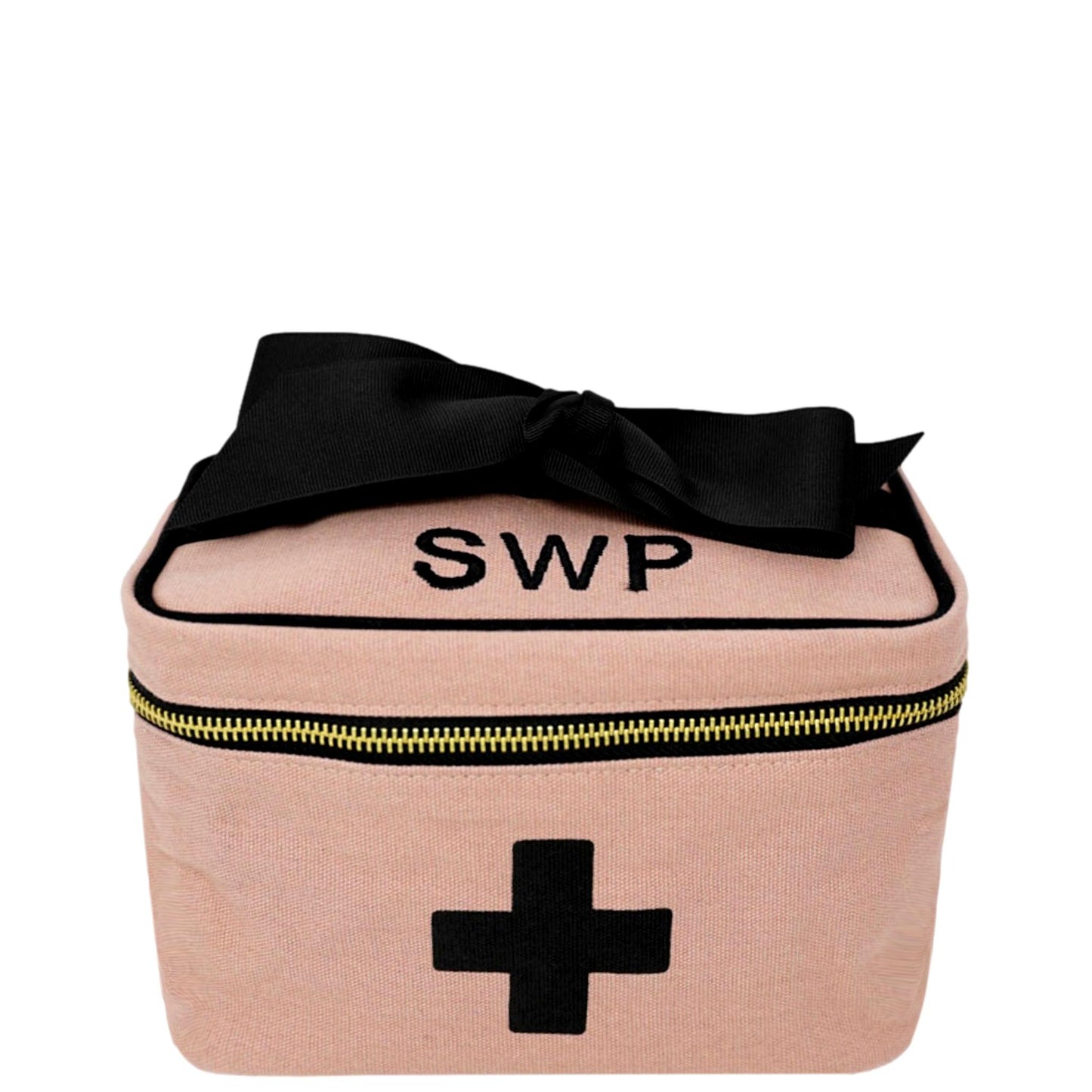 Bag-all Meds and First Aid Storage Box in blush pink cotton with black cross print, monogrammed SWP, featuring black bow and zippered closure