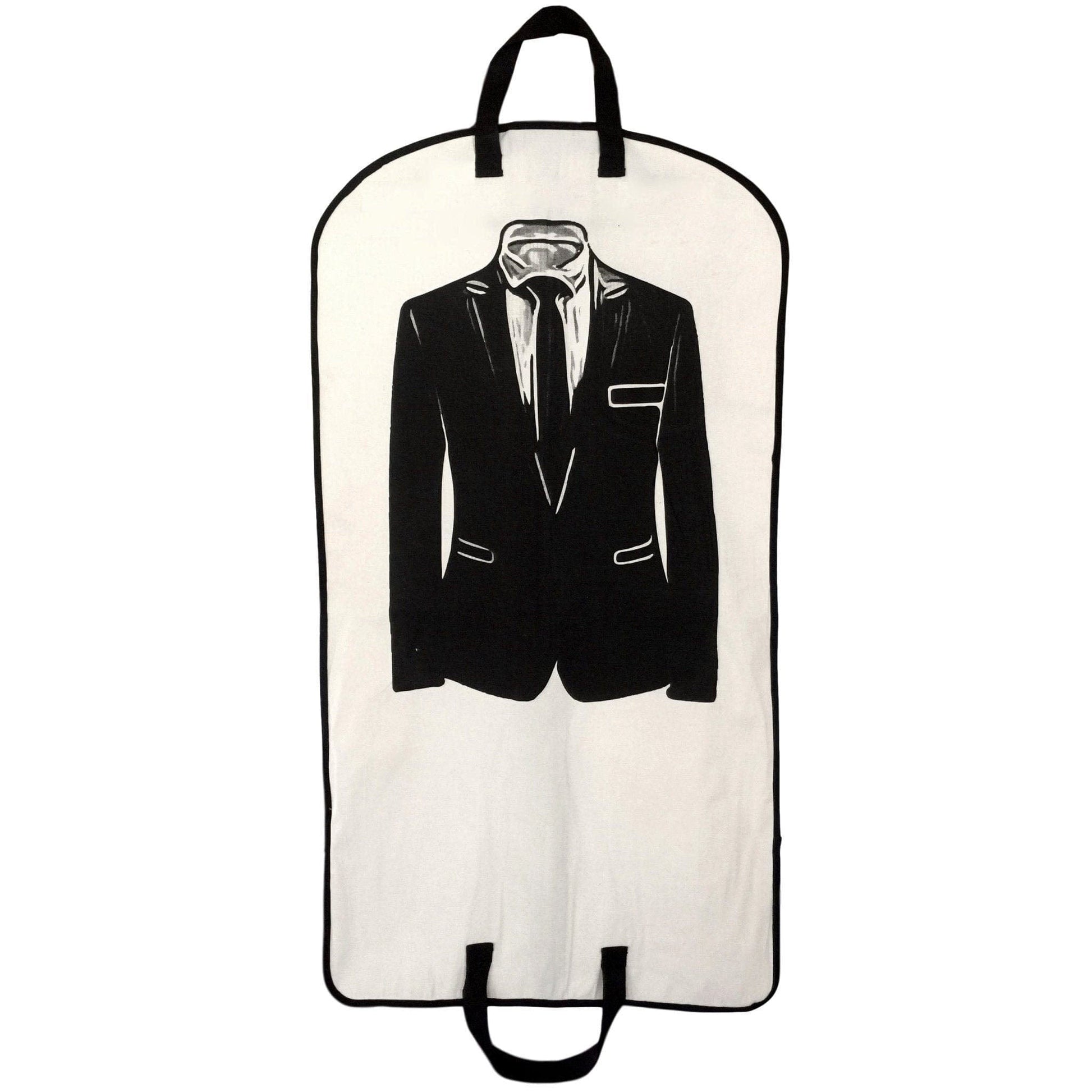 Bag-all Mens Suit Garment Bag in cream with black suit silhouette print, dual handles, protective zipper pocket for accessories, perfect for travel and storage