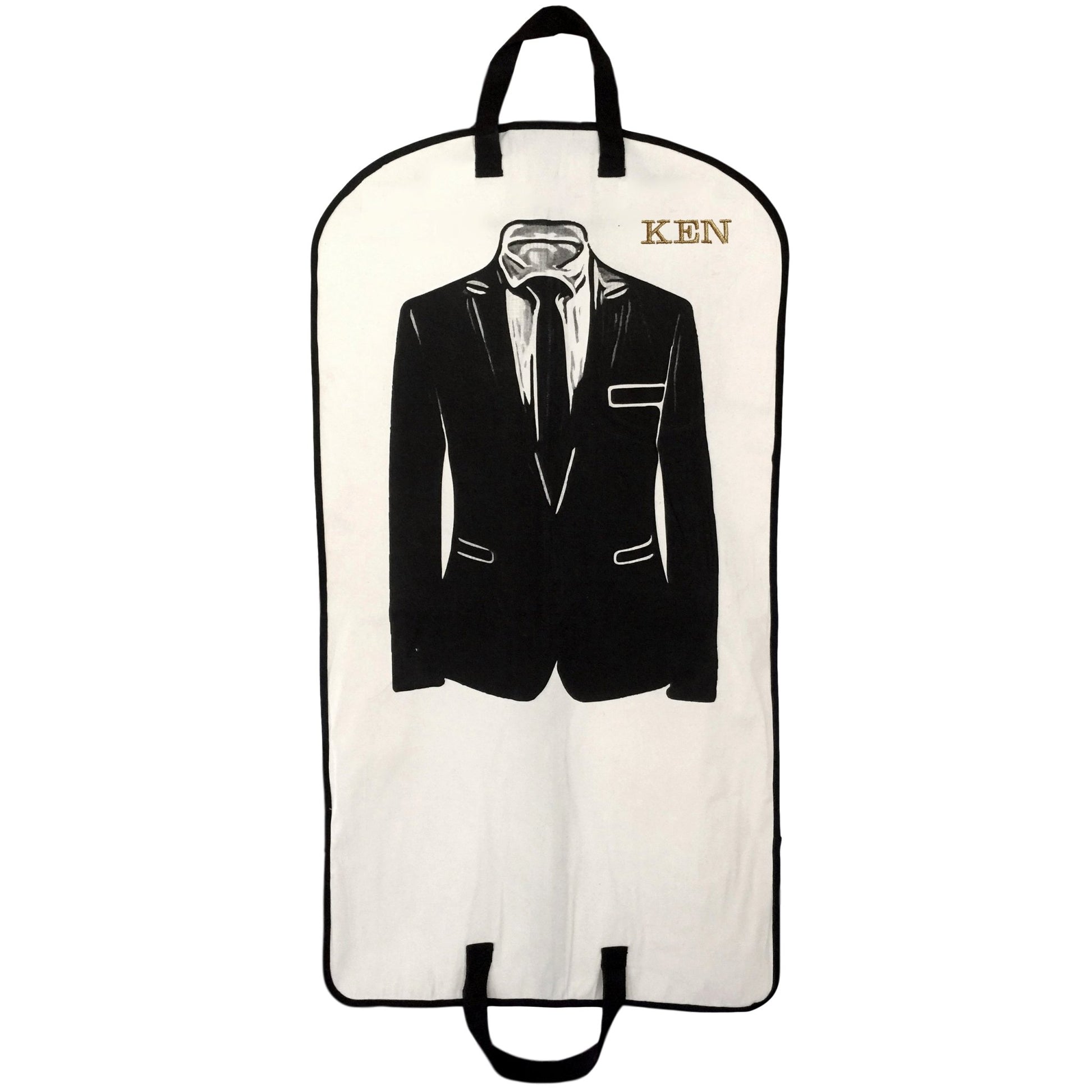 Bag-all Men's Suit Garment Bag in cream with black suit silhouette print, dual handles, storage pocket, and personalized monogram detail