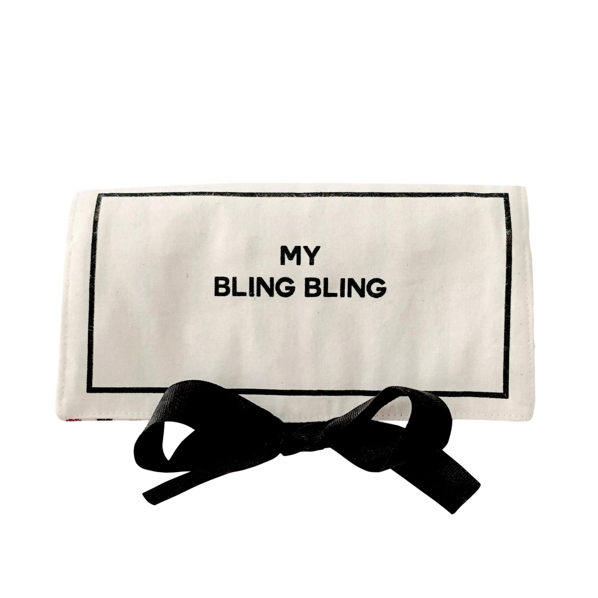 Bag-all Deal Gift Set for Her featuring cream cotton jewelry case with My Bling Bling text and elegant black bow ribbon, perfect for organizing precious accessories