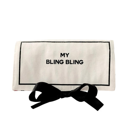 Bag-all Deal Gift Set for Her featuring cream cotton jewelry case with My Bling Bling text and elegant black bow ribbon, perfect for organizing precious accessories