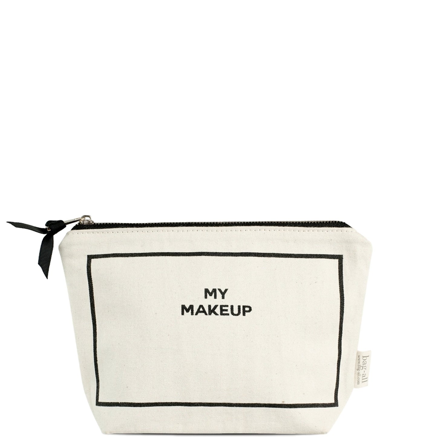Bag-all Deal Gift Set cream cotton makeup pouch with black border detail and text, part of 3-pack organizer set for lingerie, makeup and jewelry