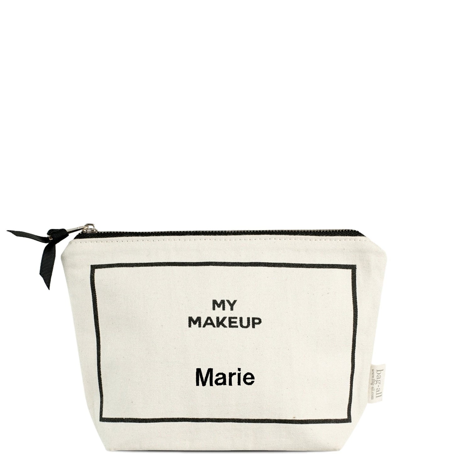 Bag-all Deal Gift Set for Her featuring cream cotton makeup case with black text and bow, part of 3-piece organizing set with monogram customization