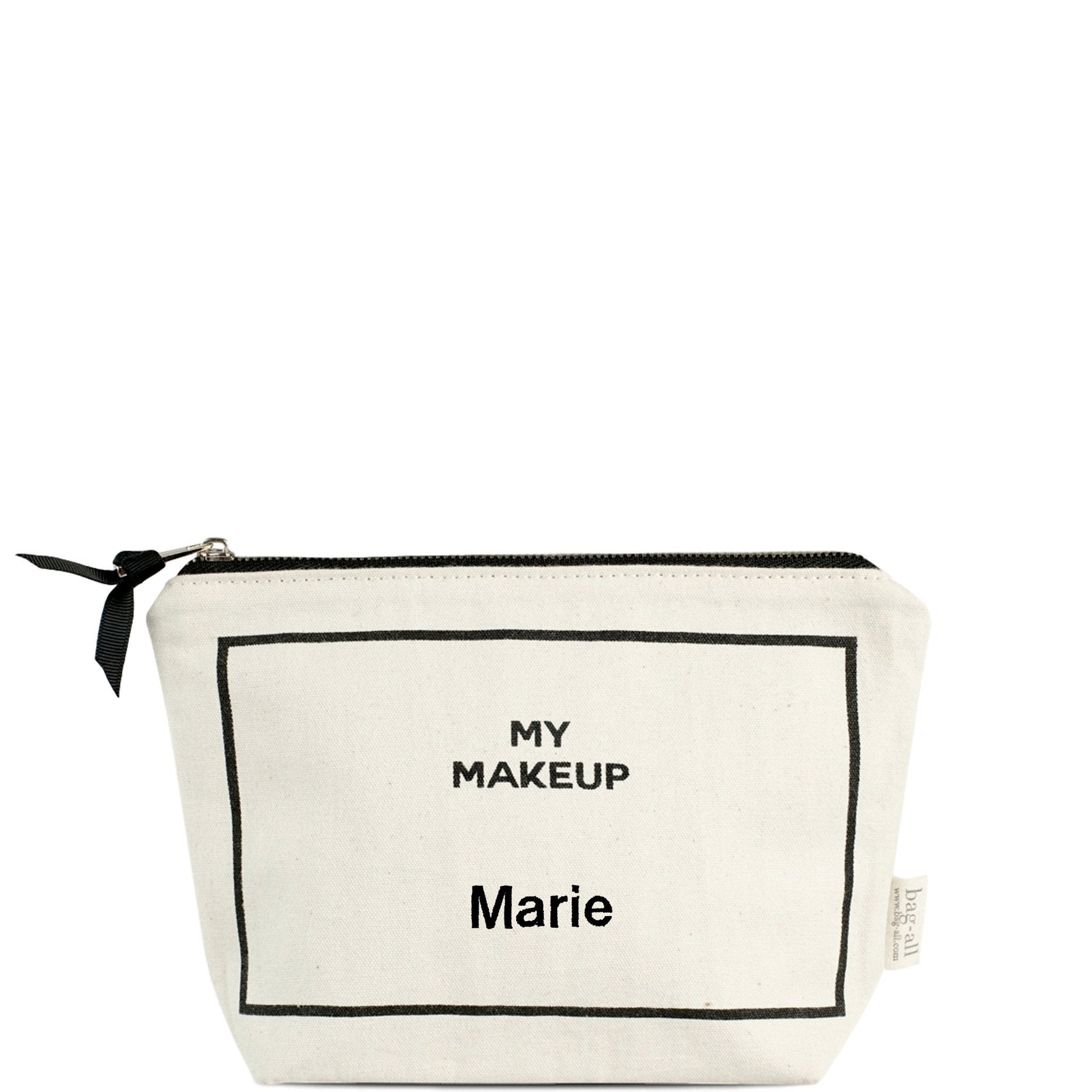 Bag-all Deal Gift Set for Her featuring cream cotton makeup case with black text and bow, part of 3-piece organizing set with monogram customization