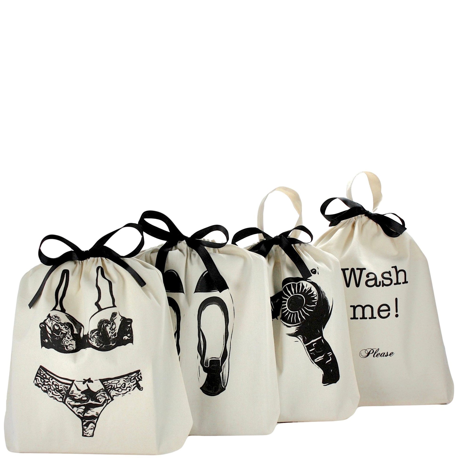 Bag-all Women's Travel Set 4-pack in cream featuring lingerie, shoe, hairdryer, and wash bags with black bow ties and stylish printed designs