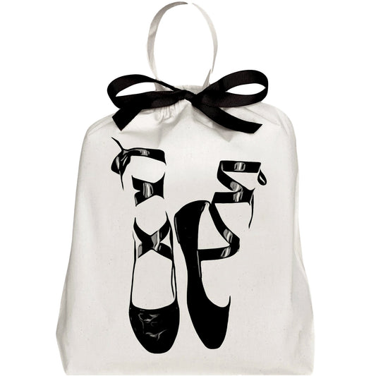 Bag-all Pointe Ballerina Shoe Bag in cream cotton featuring black ballet pointe shoes illustration and decorative black bow, perfect for storing dance footwear