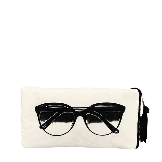 Bag-all Glasses Case with Outside Pocket in Cream featuring black sunglasses print, zippered storage compartment, and functional exterior pocket for accessories