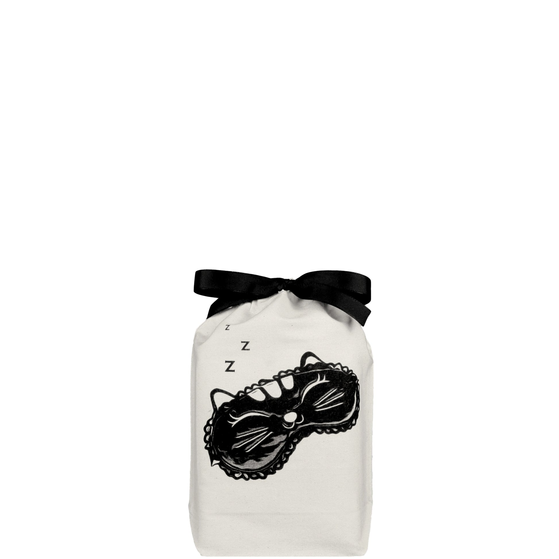 Bag-all white cotton organizer bag with black cat sleep mask design and bow, perfect for travel essentials and beauty storage