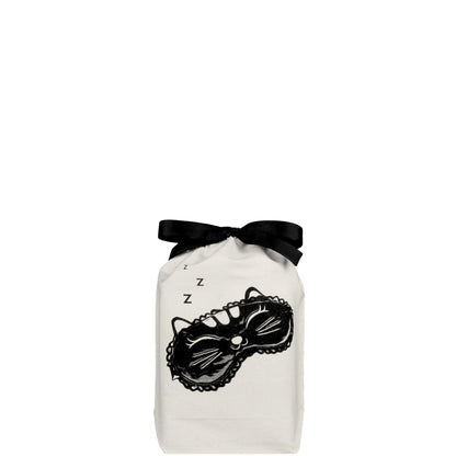 Bag-all white cotton organizer bag with black cat sleep mask design and bow, perfect for travel essentials and beauty storage
