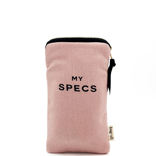 Bag-all My Specs Glasses Case in blush pink cotton with exterior pocket, black text print and gold zipper closure, perfect for storing eyewear and small accessories