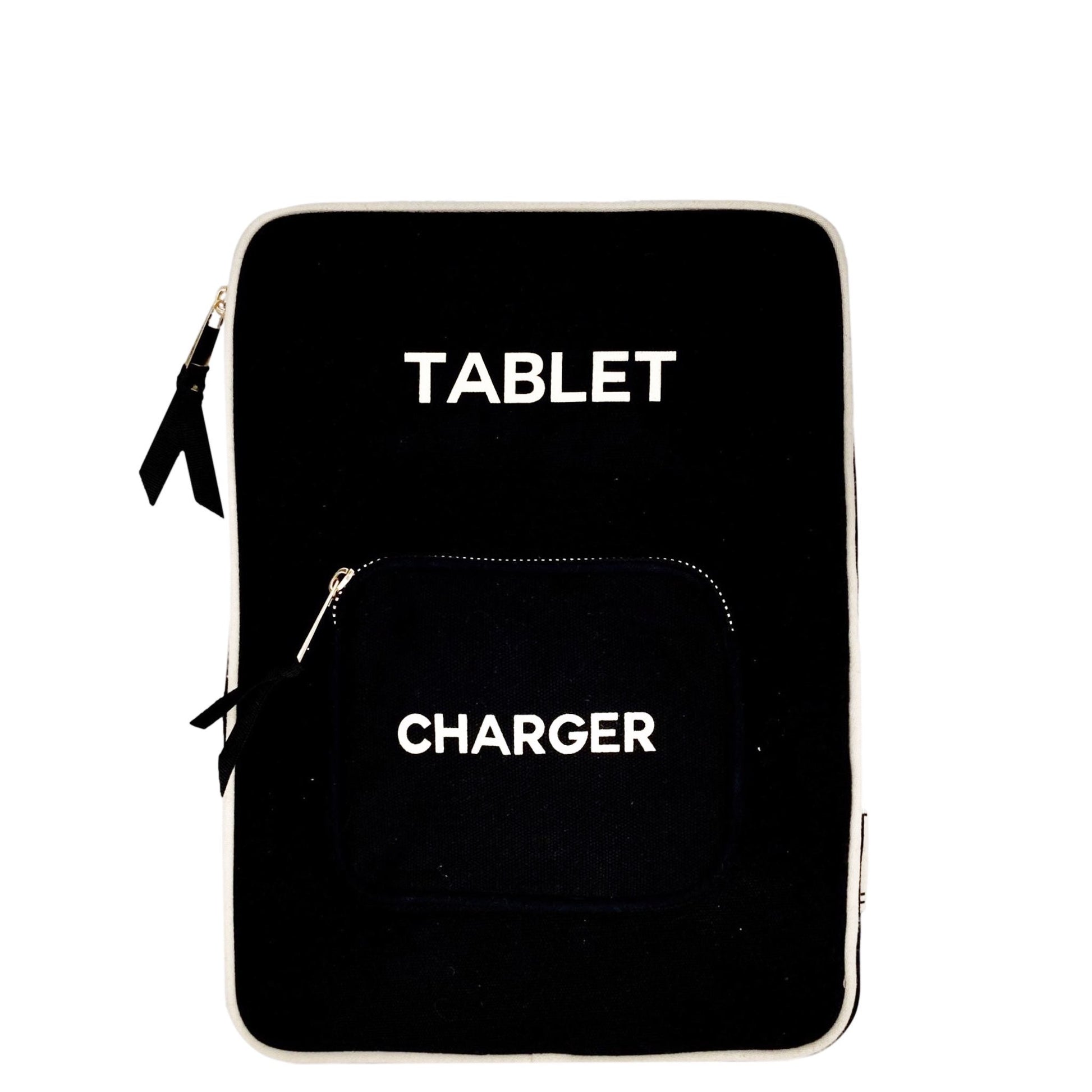 Bag-all Tablet Case 11" in black with charger pocket featuring white text labels, metal zippers, and protective padding for device storage and organization