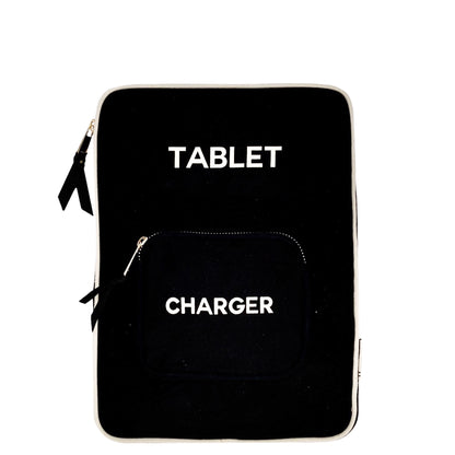Bag-all Tablet Case 11" in black with charger pocket featuring white text labels, metal zippers, and protective padding for device storage and organization