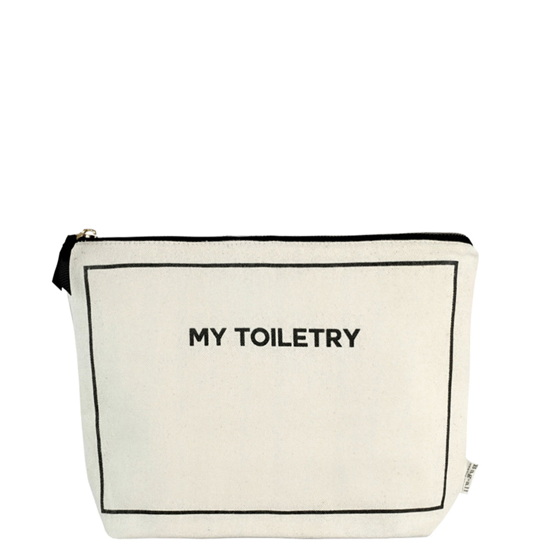 Bag-all Toiletry Pouch with Coated Lining in cream canvas featuring black trim and 'MY TOILETRY' text, waterproof travel organizer with zipper closure