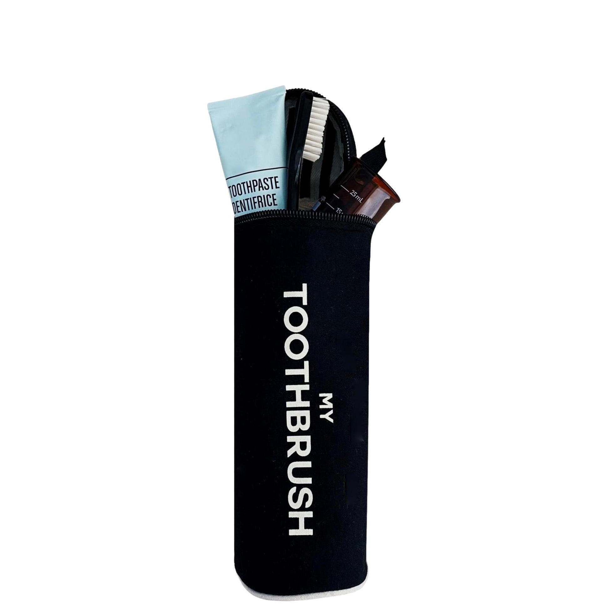 Bag-all Black Toothbrush Travel Case with metal zipper, fits 5 regular or electric toothbrushes, featuring white text print and waterproof lining, perfect for travel organization