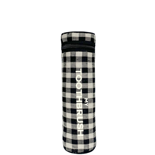 Bag-all Toothbrush Travel Case in black and white gingham pattern with zipper closure, featuring vertical white text and waterproof inner lining, perfect for storing multiple toothbrushes